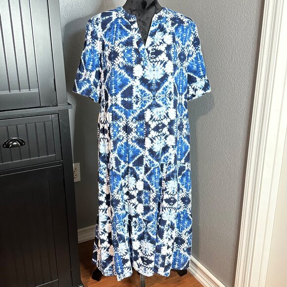 Chico's Dresses & Skirts - Chico’s Dress Size 2 Large Blue Tie Dye Midi Cotton Short Sleeve Boho Casual